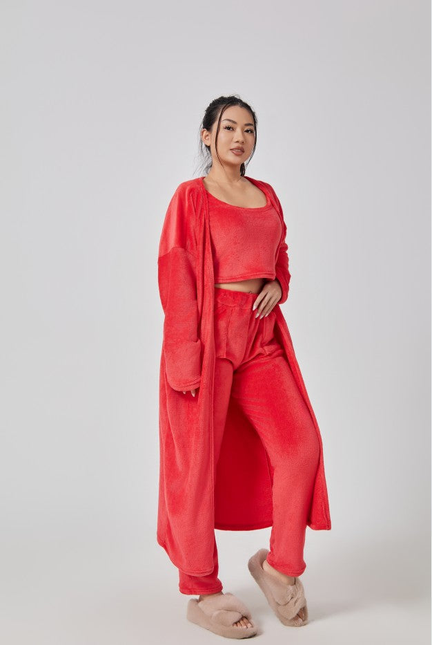 Cozy 3-Piece Pajama Lounge Set for Women – Soft Crop Top, Wide-Leg Pants & Long Cardigan