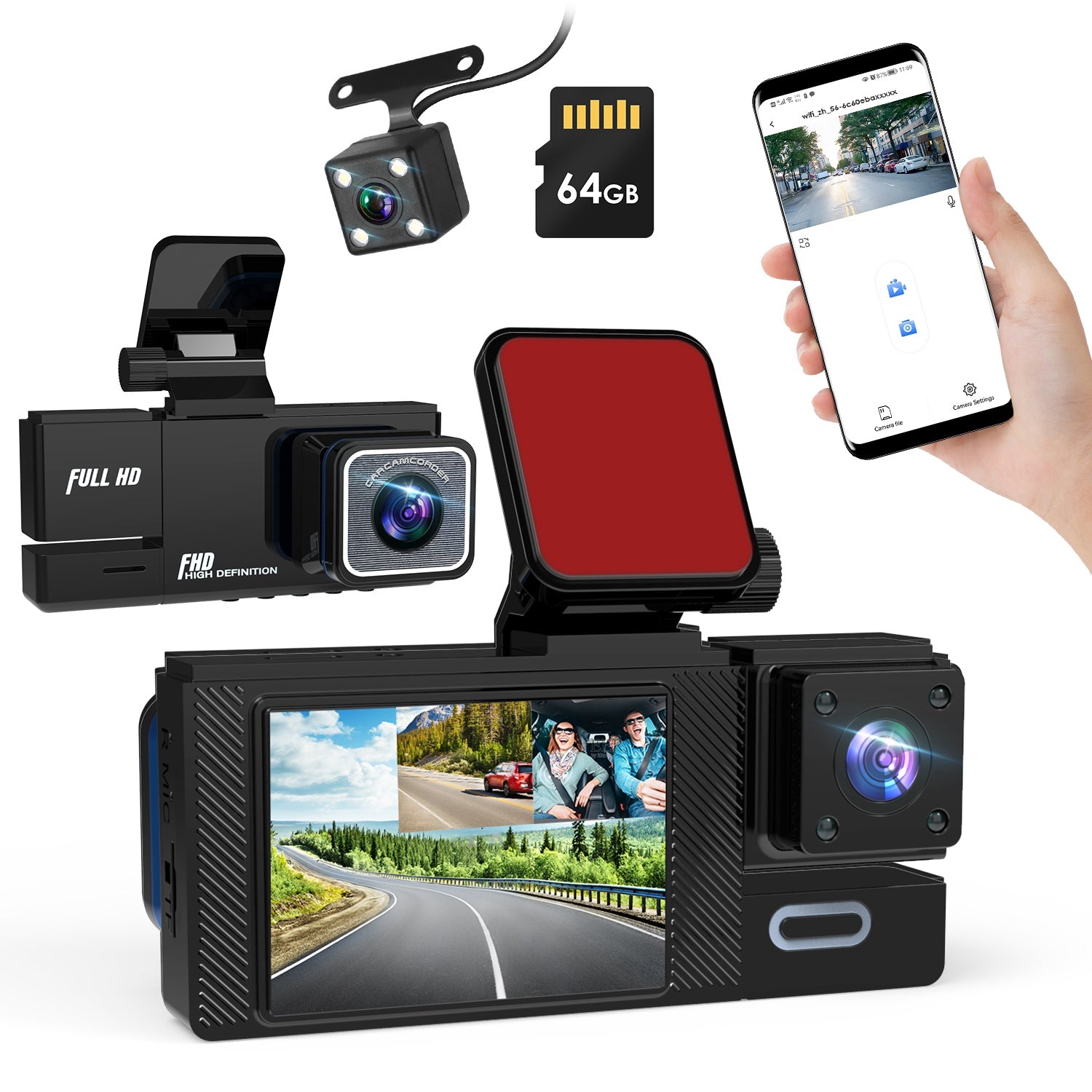 Channel 1080P WiFi Car Dash Cam with Night Vision & 64GB Card