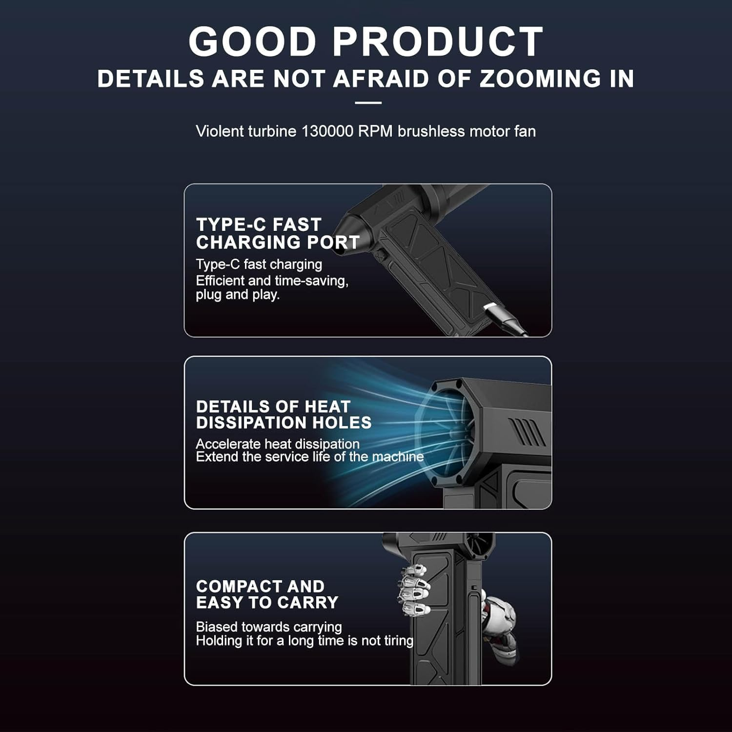 Compressed Air Duster, 130000RPM Handheld Car Vacuum-Air Blower& Pump, 4 Gear Adjustable Electric Air Duster Keyboard Duster With LED Light- Blower