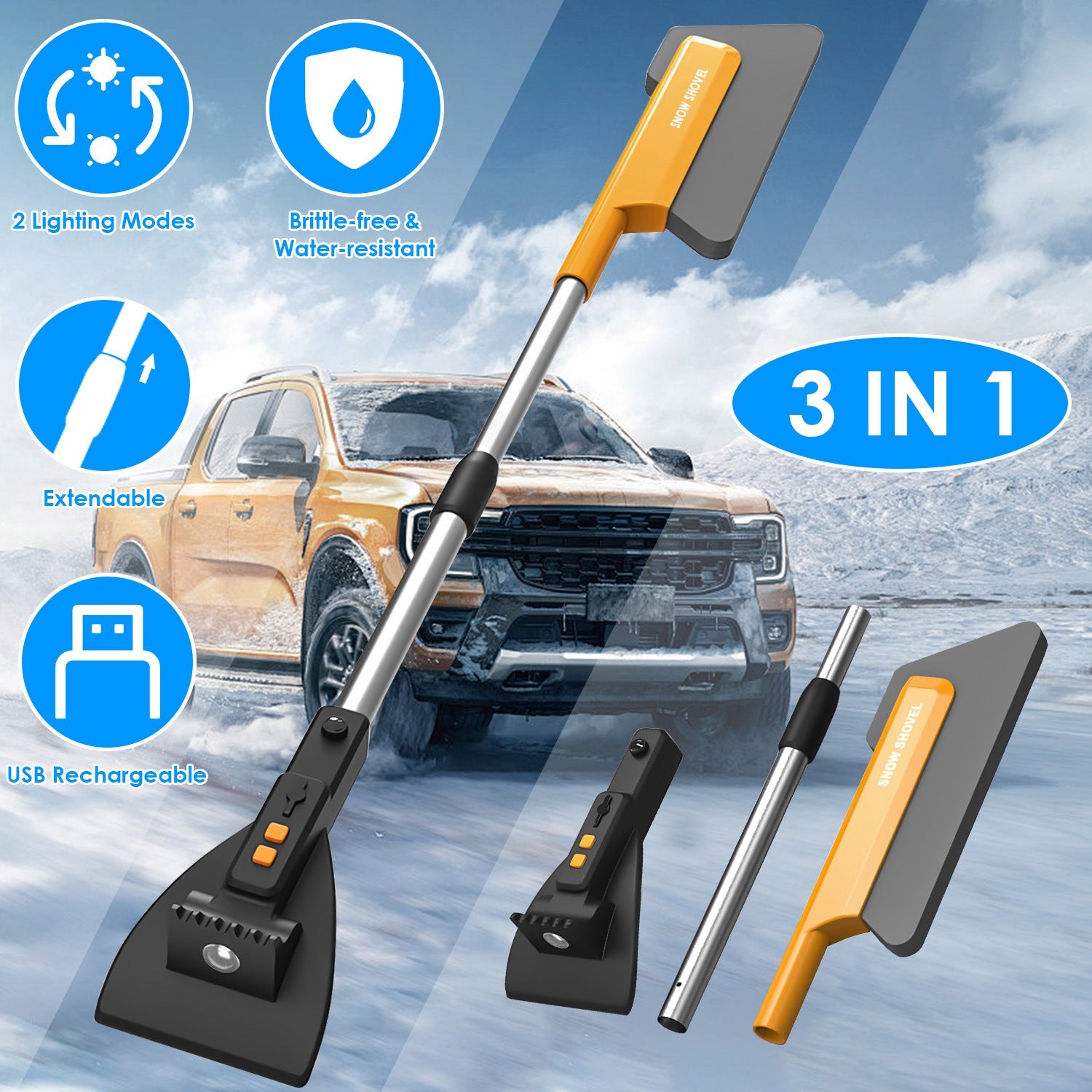3-in-1 Car Snow Removal Tool with Light – Telescopic Brush, Ice Scraper & Shovel