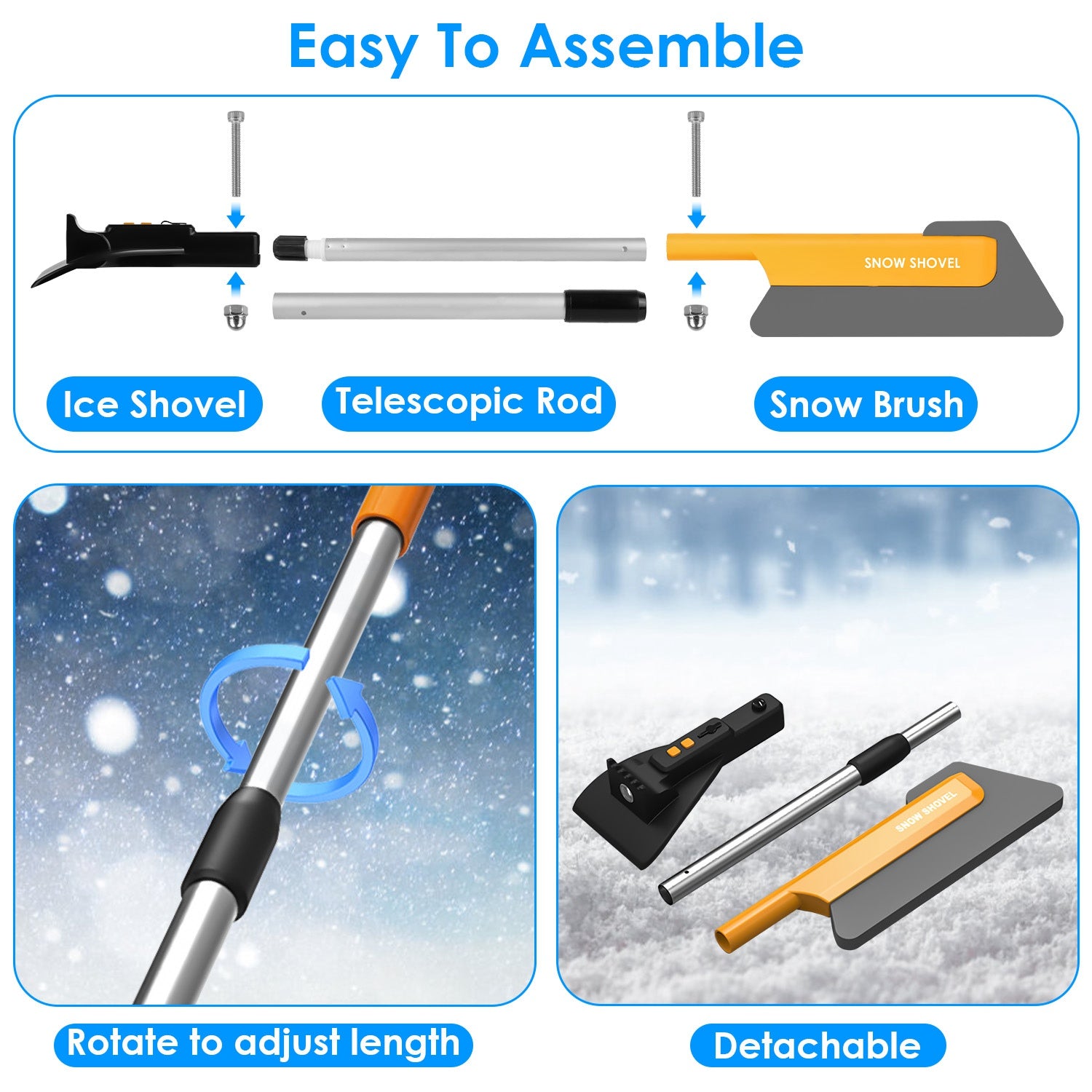 3-in-1 Car Snow Removal Tool with Light – Telescopic Brush, Ice Scraper & Shovel