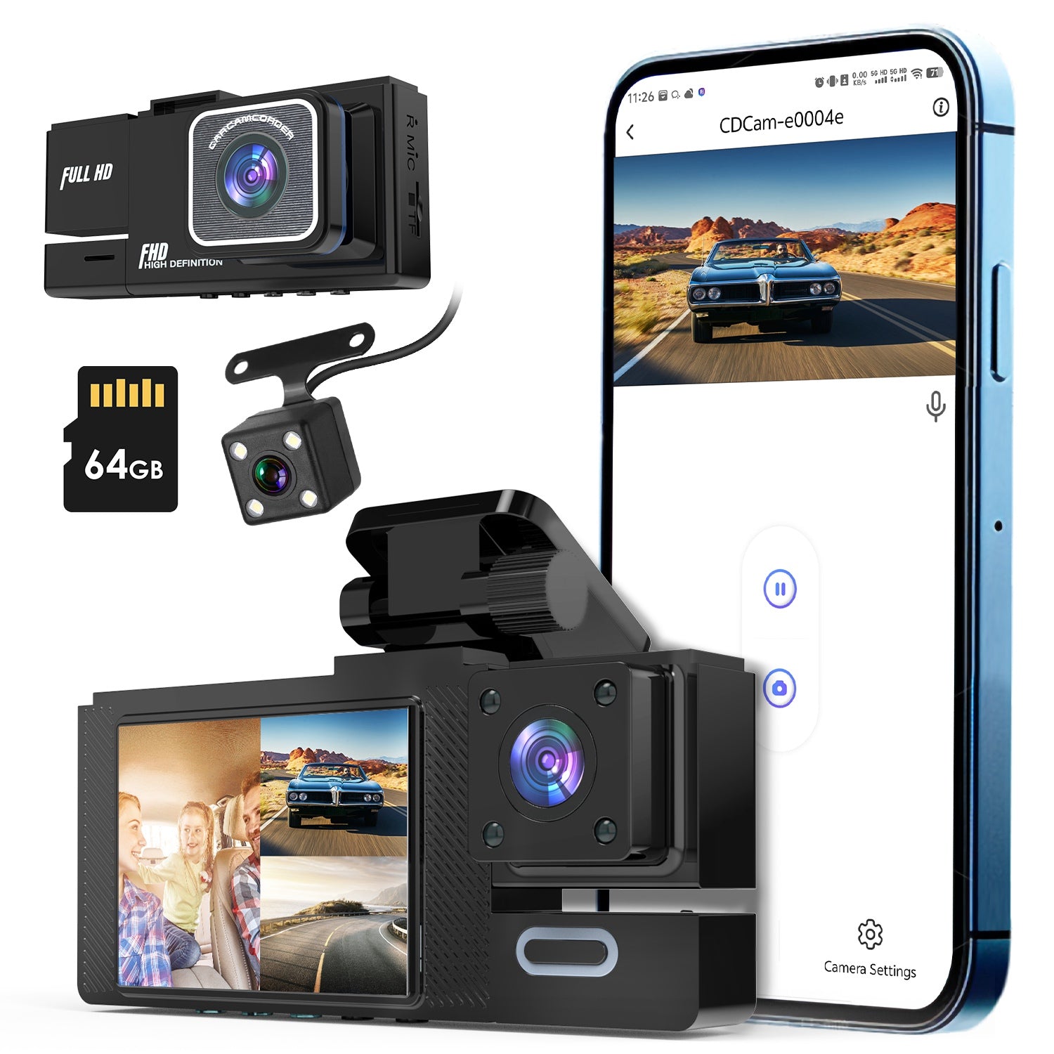 Channel 1080P WiFi Car Dash Cam with Night Vision & 64GB Card