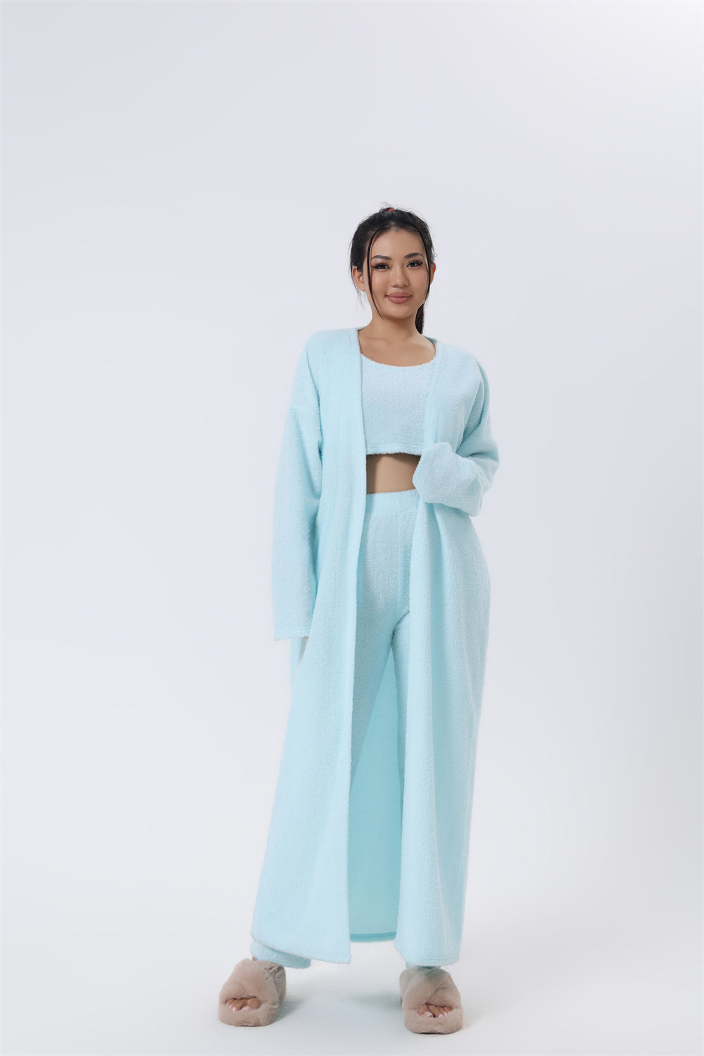 Cozy 3-Piece Pajama Lounge Set for Women – Soft Crop Top, Wide-Leg Pants & Long Cardigan
