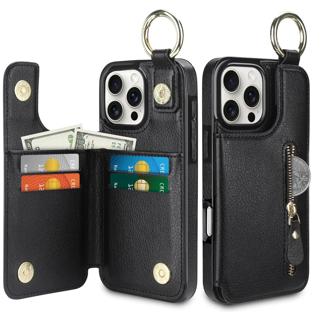 HianDier for iPhone 16 Pro Case Wallet with Card Holder Zipper PU Leather for iPhone 16 Pro Wallet Case Finger Grip Ring for iPhone 16 Pro Phone Case Shockproof Case for iPhone 16 Pro-Black