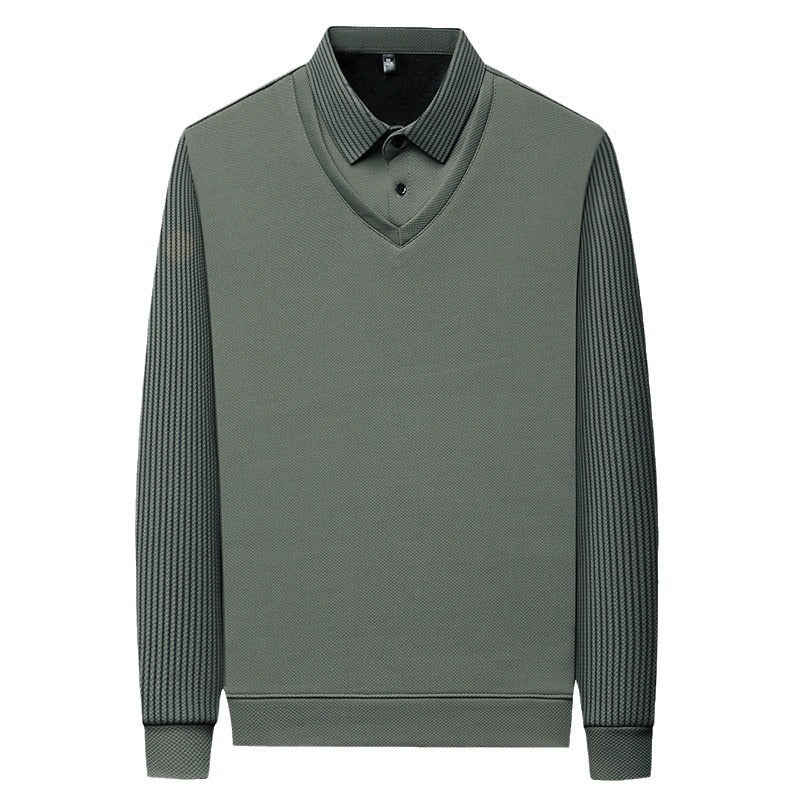 Business Casual Men's Clothing Fake Two-piece Striped Sleeve T-shirt