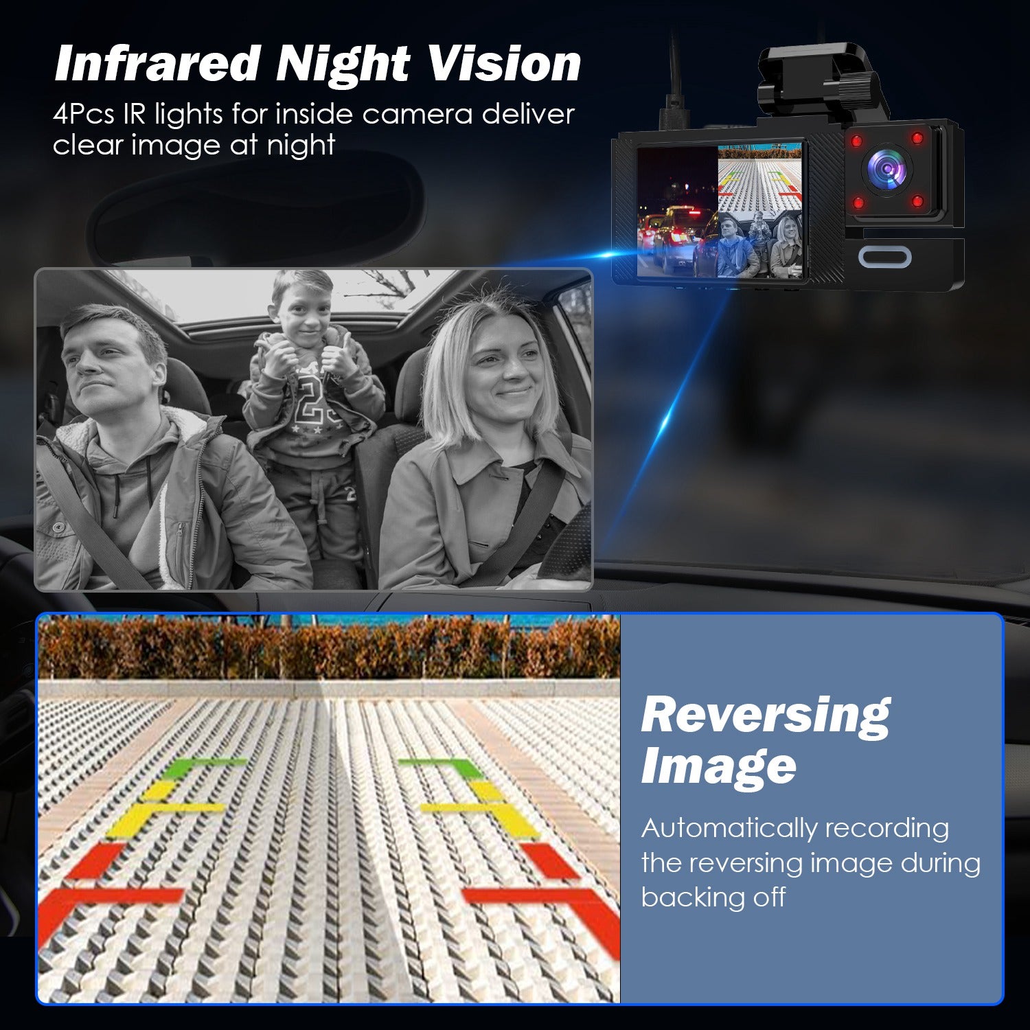 Channel 1080P WiFi Car Dash Cam with Night Vision & 64GB Card