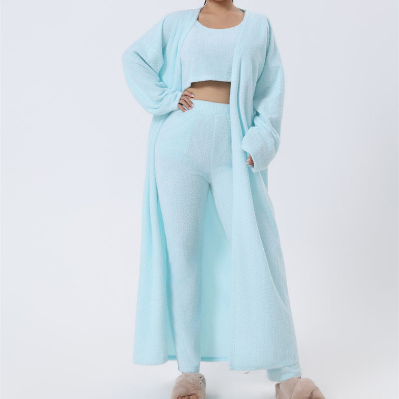 Cozy 3-Piece Pajama Lounge Set for Women – Soft Crop Top, Wide-Leg Pants & Long Cardigan