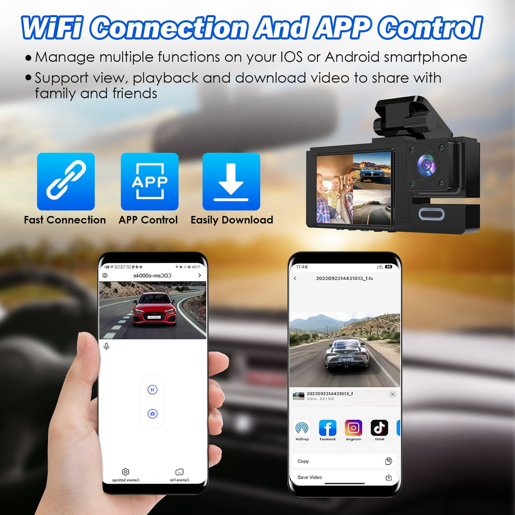 Channel 1080P WiFi Car Dash Cam with Night Vision & 64GB Card