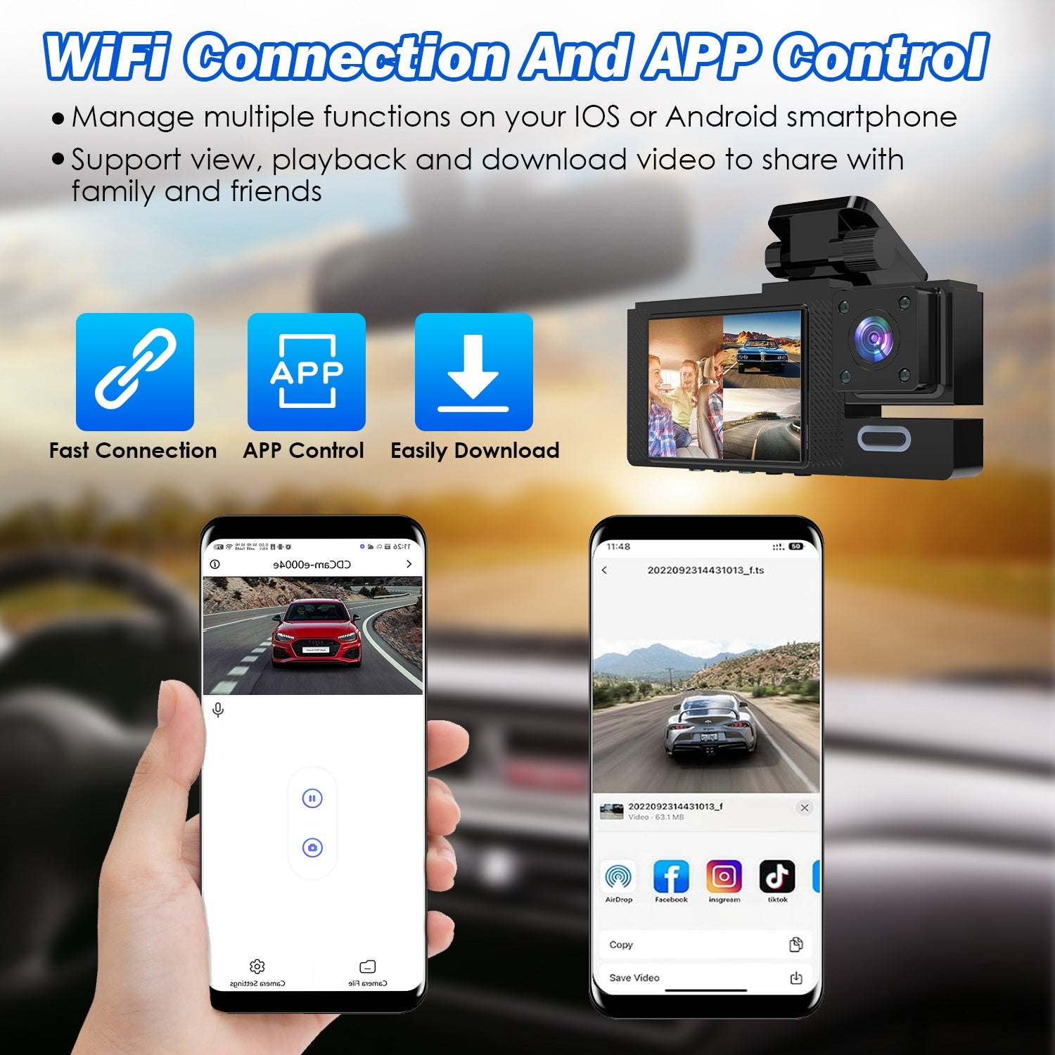Channel 1080P WiFi Car Dash Cam with Night Vision & 64GB Card