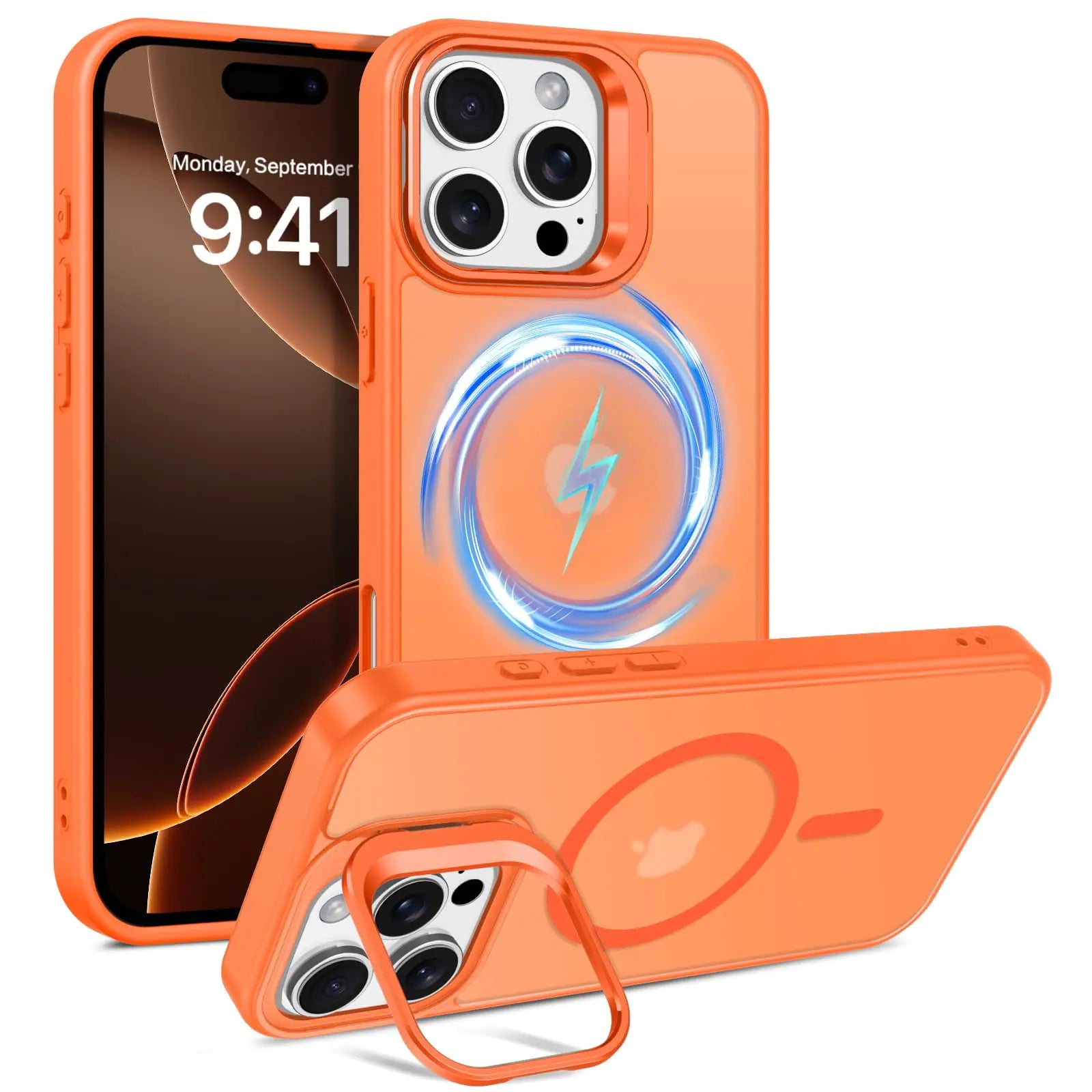 BENTOBEN Magnetic for iPhone 16 Pro Case with Stash Stand Compatible with MagSafe Translucent Matte Phone Case iPhone 16 Pro Slim Shockproof Women Men Protective Cover for iPhone 16 Pro 6.3" Orange