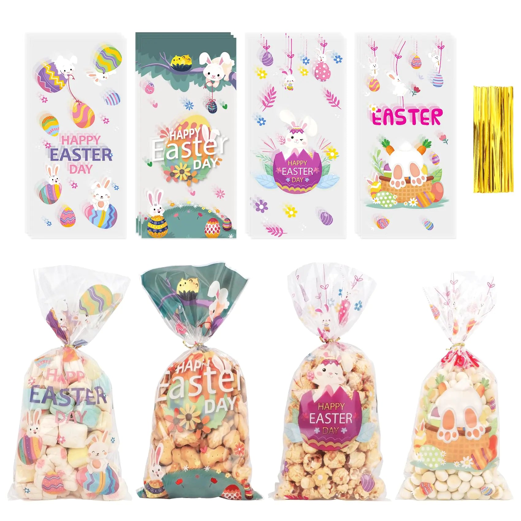 Easter Goodie Bags 100 PCS Easter Cellophane Treat Bags Easter Cookie Snack Candy Party Favor Ziplock Cookie Bags Holiday Candy Bags Easter Plastic Gift Bags for Gift Giving Easter Decorations