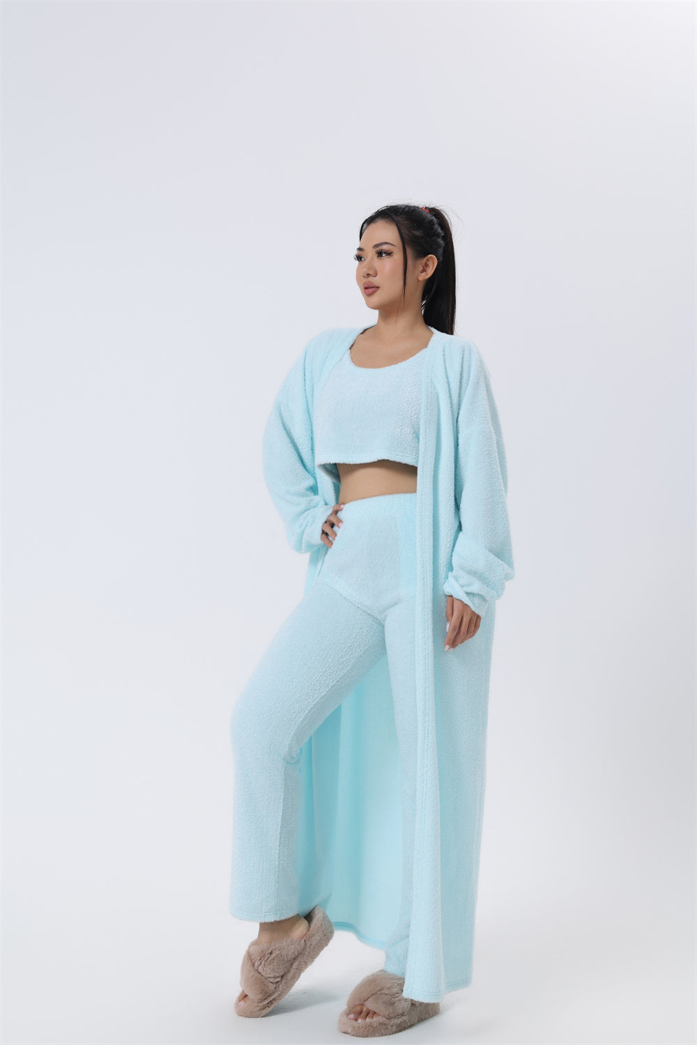 Cozy 3-Piece Pajama Lounge Set for Women – Soft Crop Top, Wide-Leg Pants & Long Cardigan