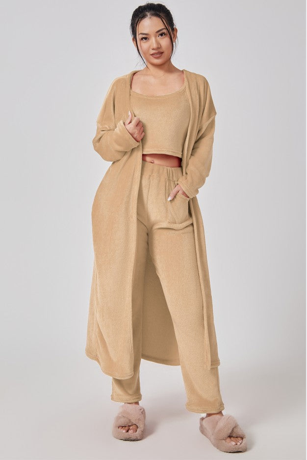 Cozy 3-Piece Pajama Lounge Set for Women – Soft Crop Top, Wide-Leg Pants & Long Cardigan