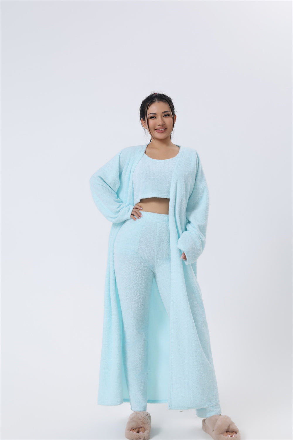 Cozy 3-Piece Pajama Lounge Set for Women – Soft Crop Top, Wide-Leg Pants & Long Cardigan