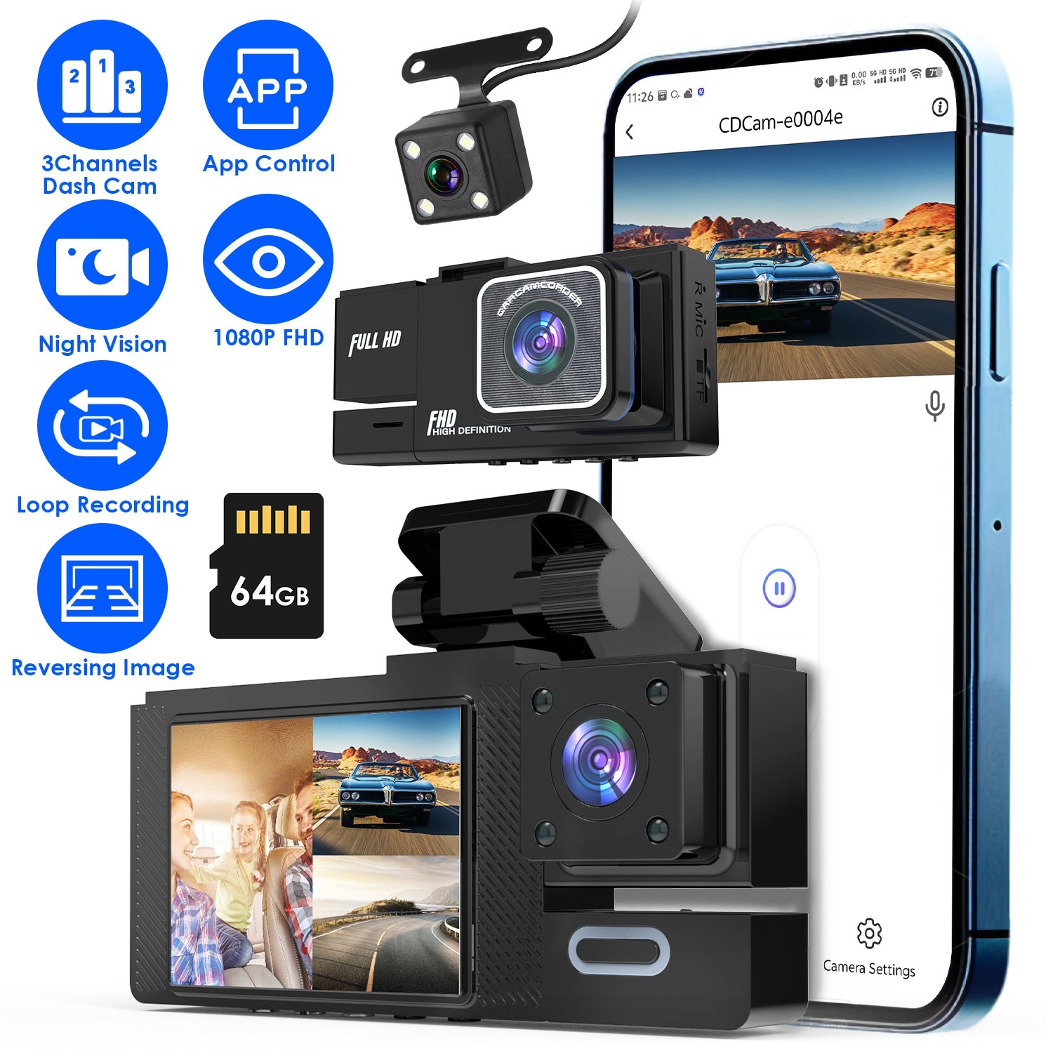 Channel 1080P WiFi Car Dash Cam with Night Vision & 64GB Card