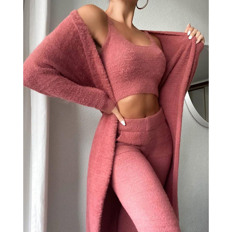 Cozy 3-Piece Pajama Lounge Set for Women – Soft Crop Top, Wide-Leg Pants & Long Cardigan