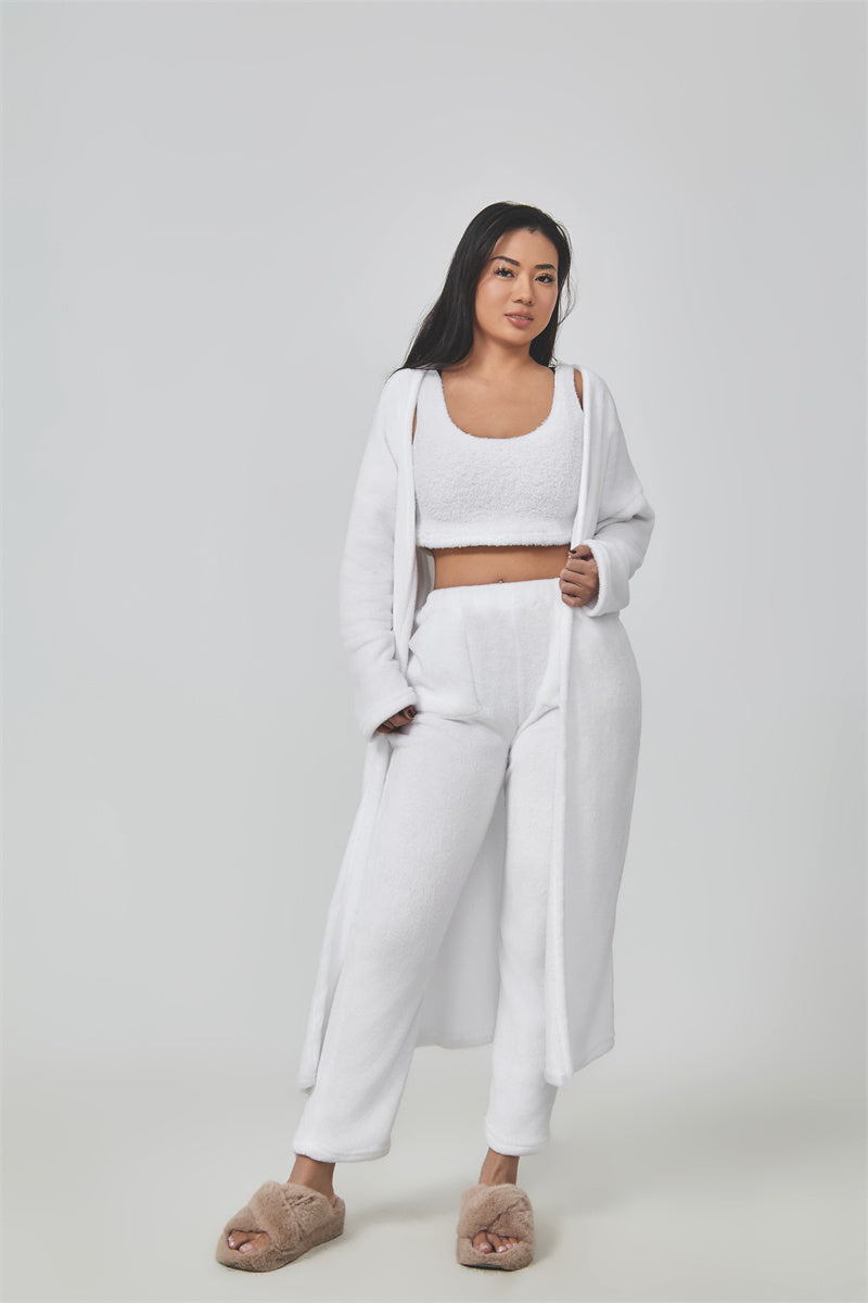 Cozy 3-Piece Pajama Lounge Set for Women – Soft Crop Top, Wide-Leg Pants & Long Cardigan